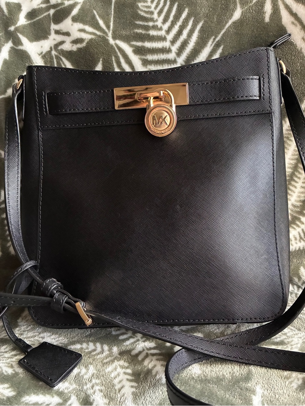 Michael Kors Black Saffiano Leather Crossbody with Gold MK Turnlock